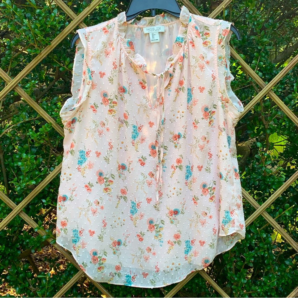 Rachel Zoe Cream Floral Sleeveless Blouse with Gold Accents